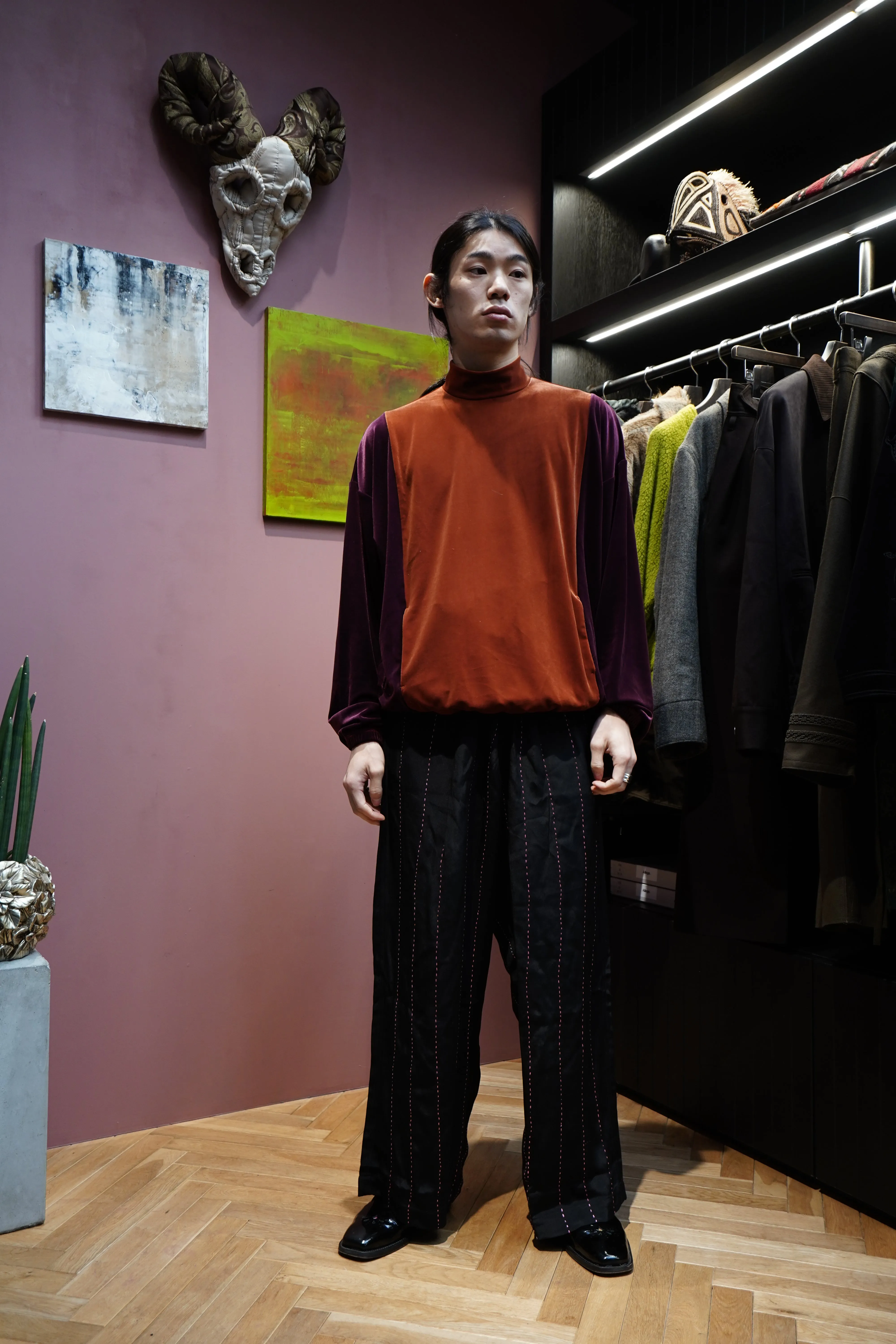 Glass Cypress Black and Pink Silk Trousers (Black)