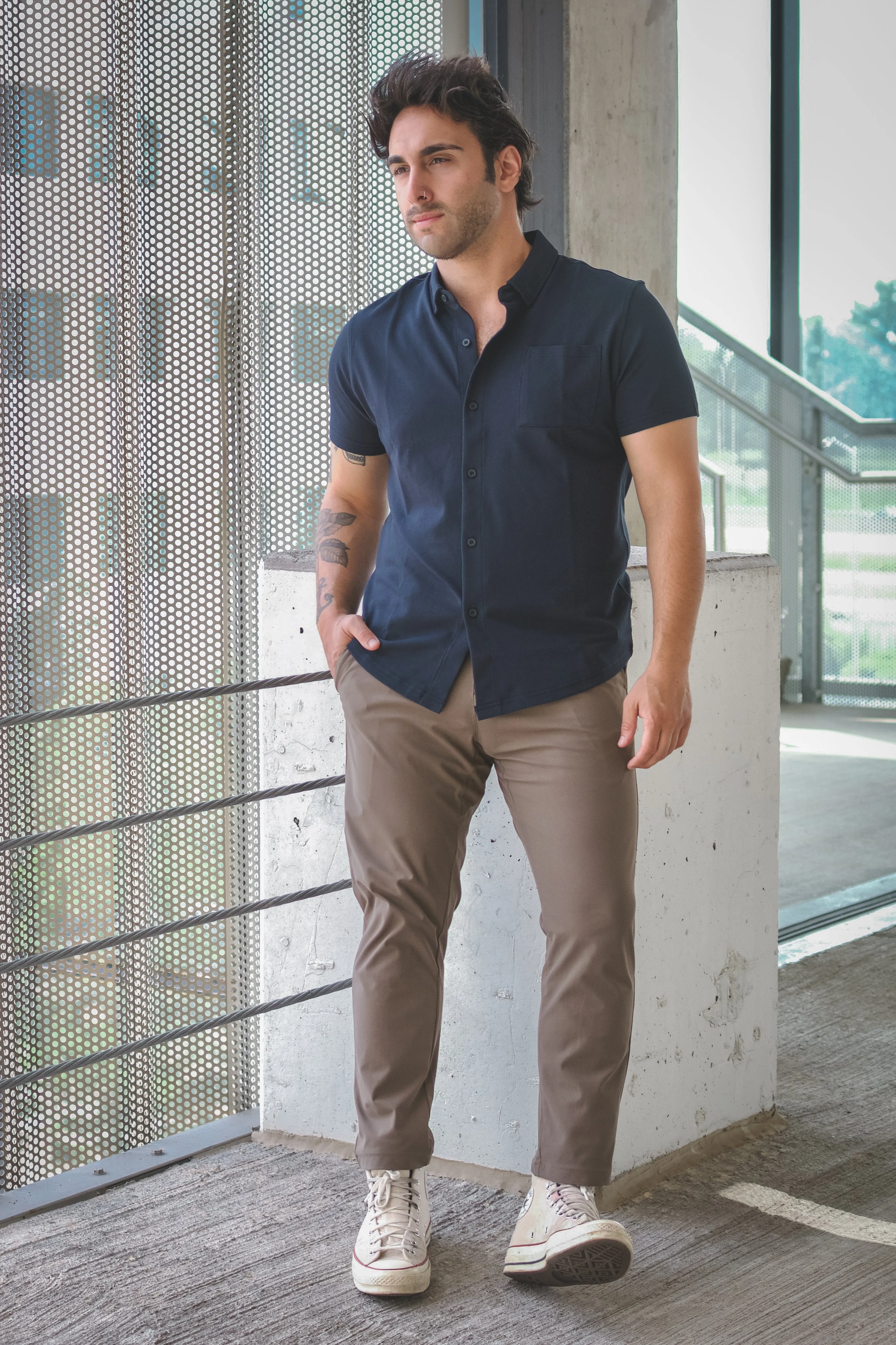 Performance Pique Short Sleeve Button Down Shirt Navy