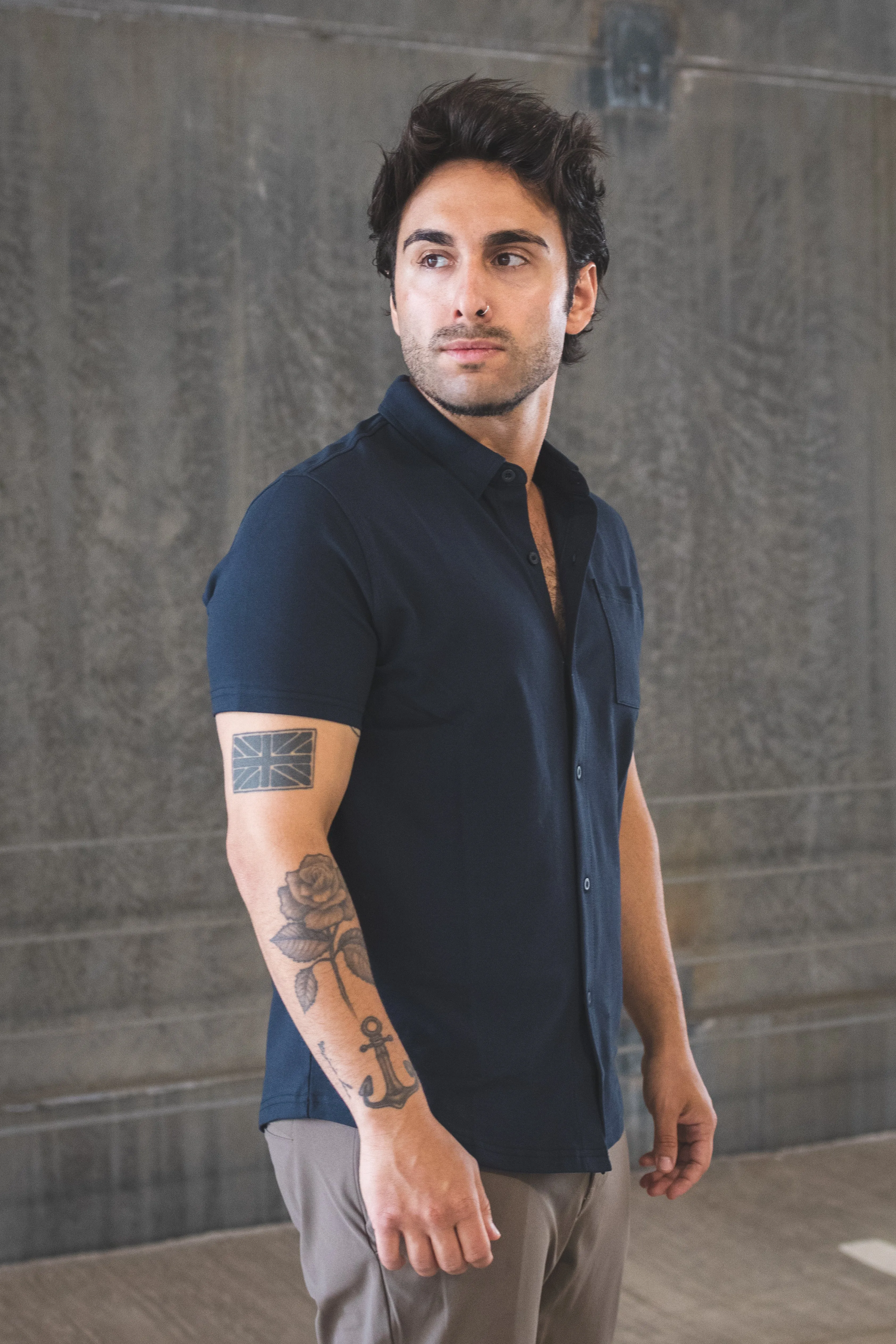 Performance Pique Short Sleeve Button Down Shirt Navy