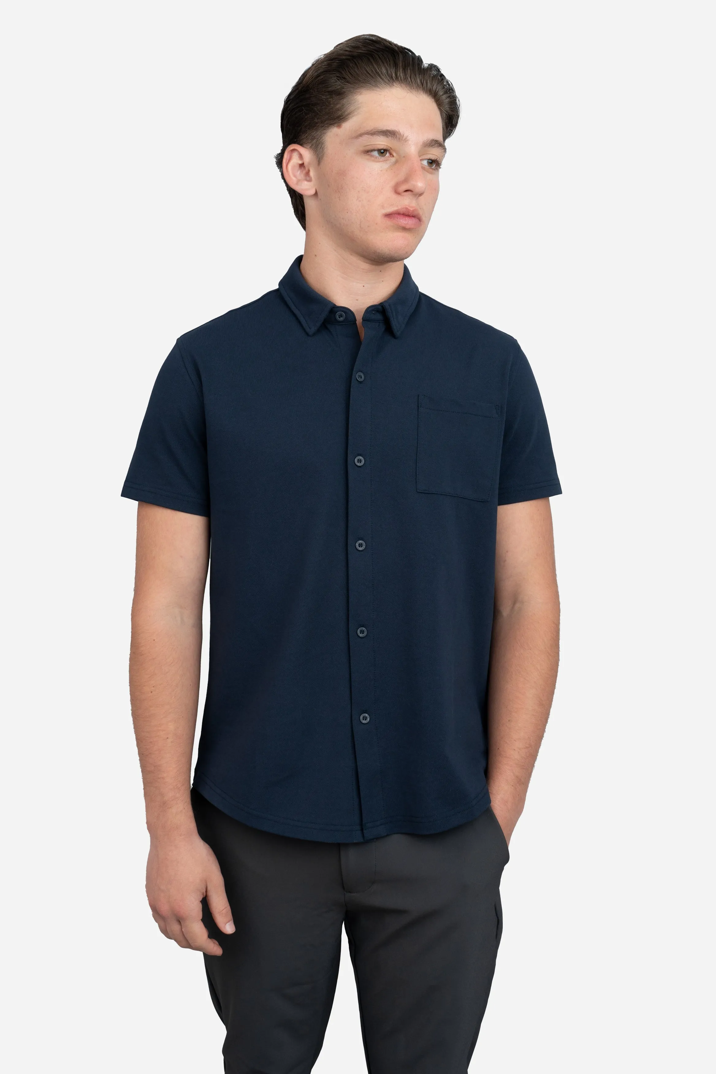 Performance Pique Short Sleeve Button Down Shirt Navy