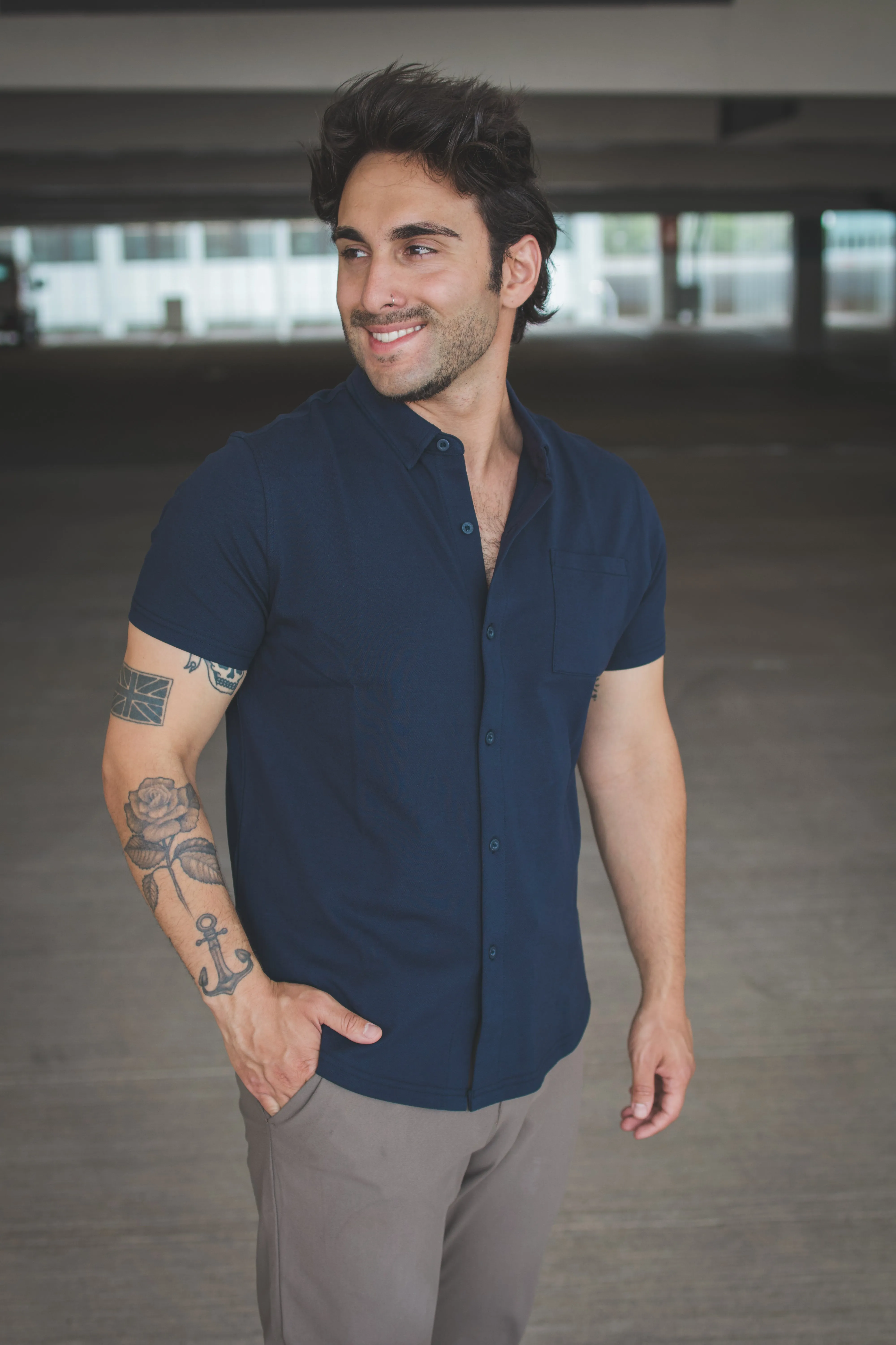 Performance Pique Short Sleeve Button Down Shirt Navy