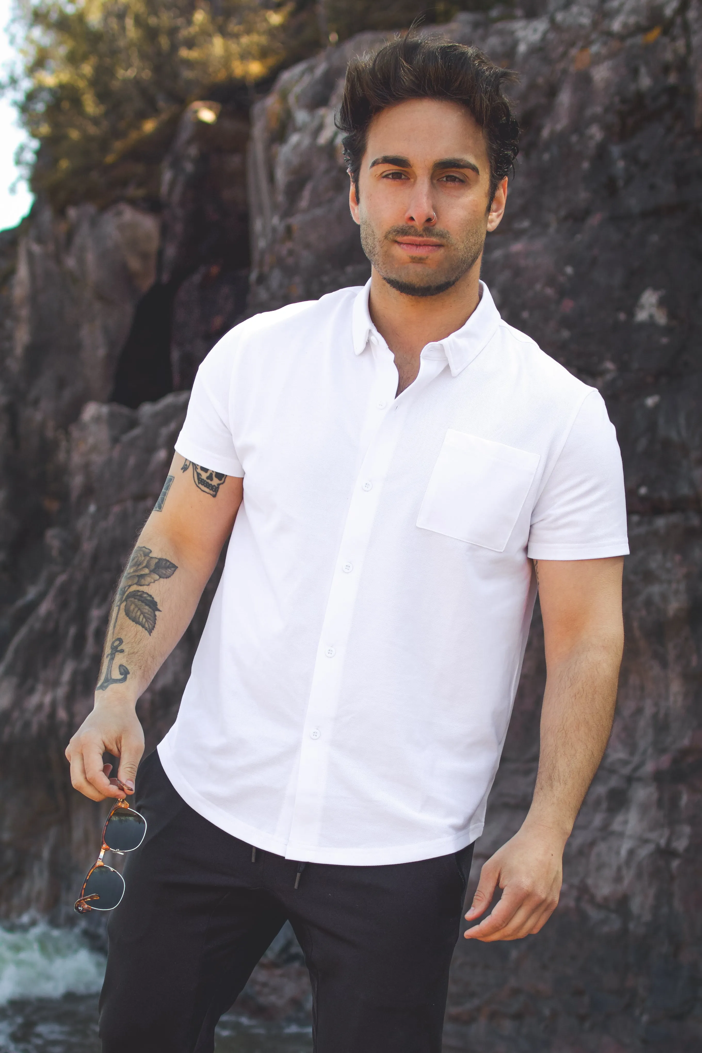 Performance Pique Short Sleeve Button Down Shirt White