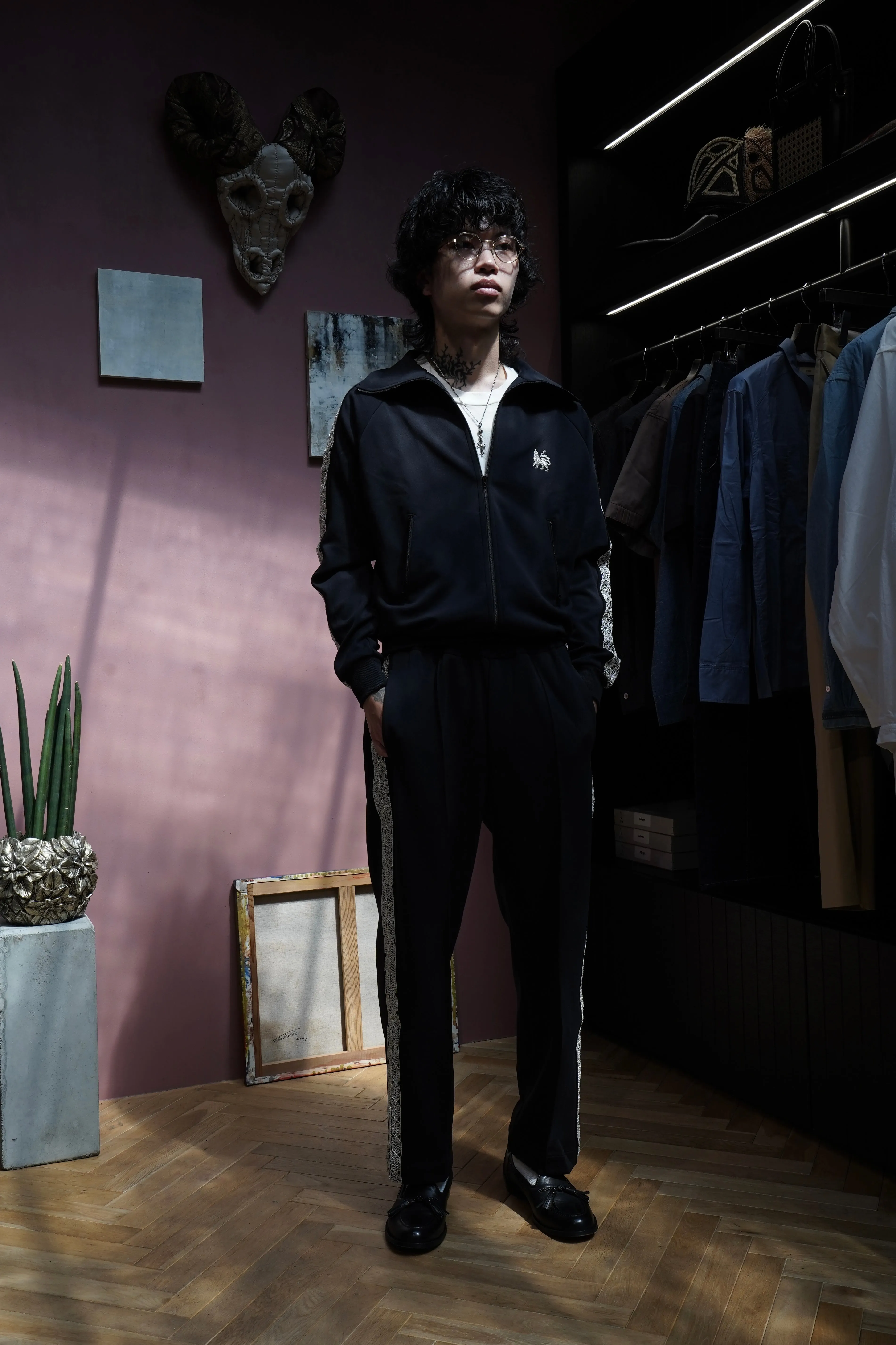 Sasquatchfabrix. LACE TAPE TRACK PANTS (BLACK)