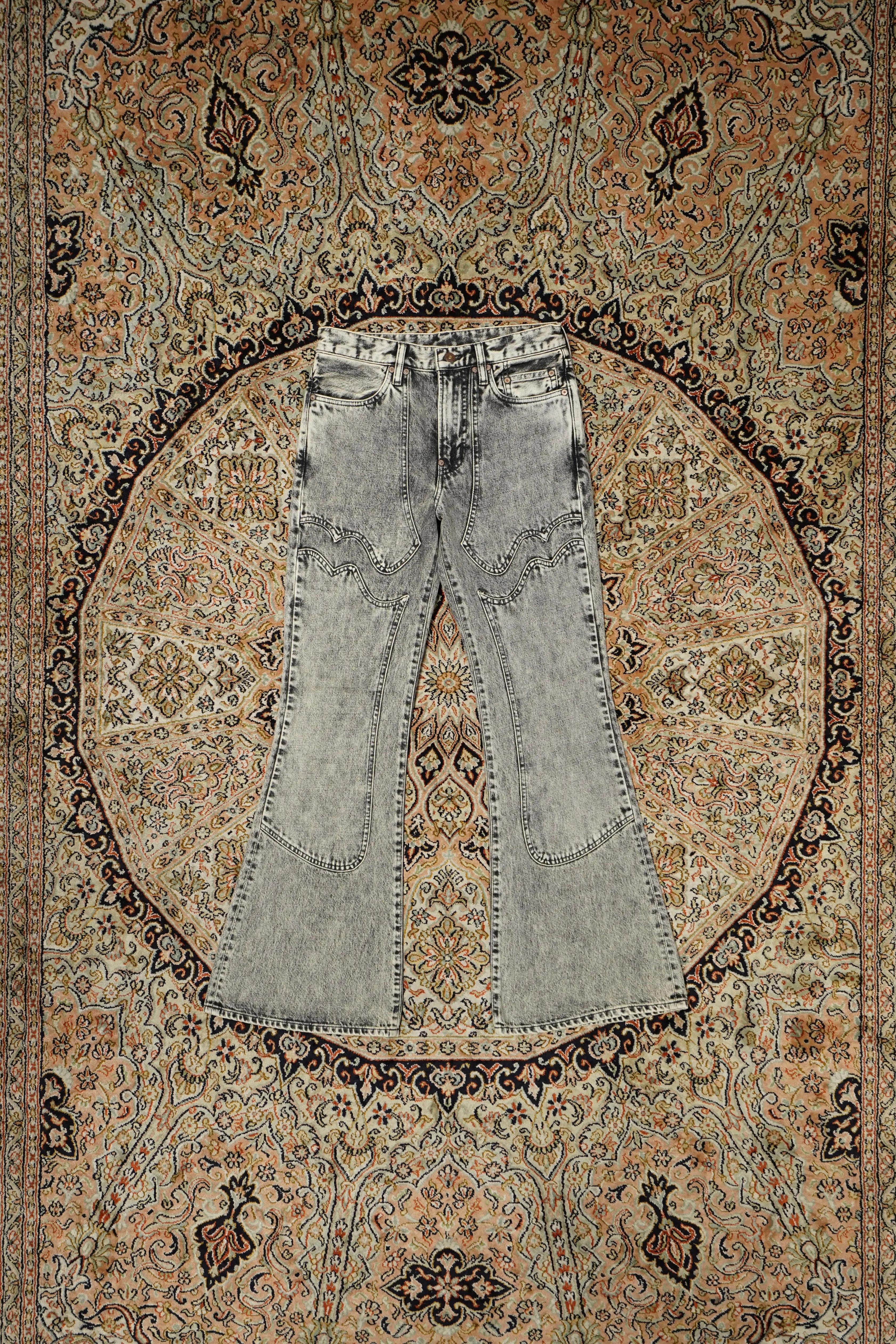 SUGARHILL ACID WASHED MODERN WESTERN FLARED TROUSERS (ACID BLACK)