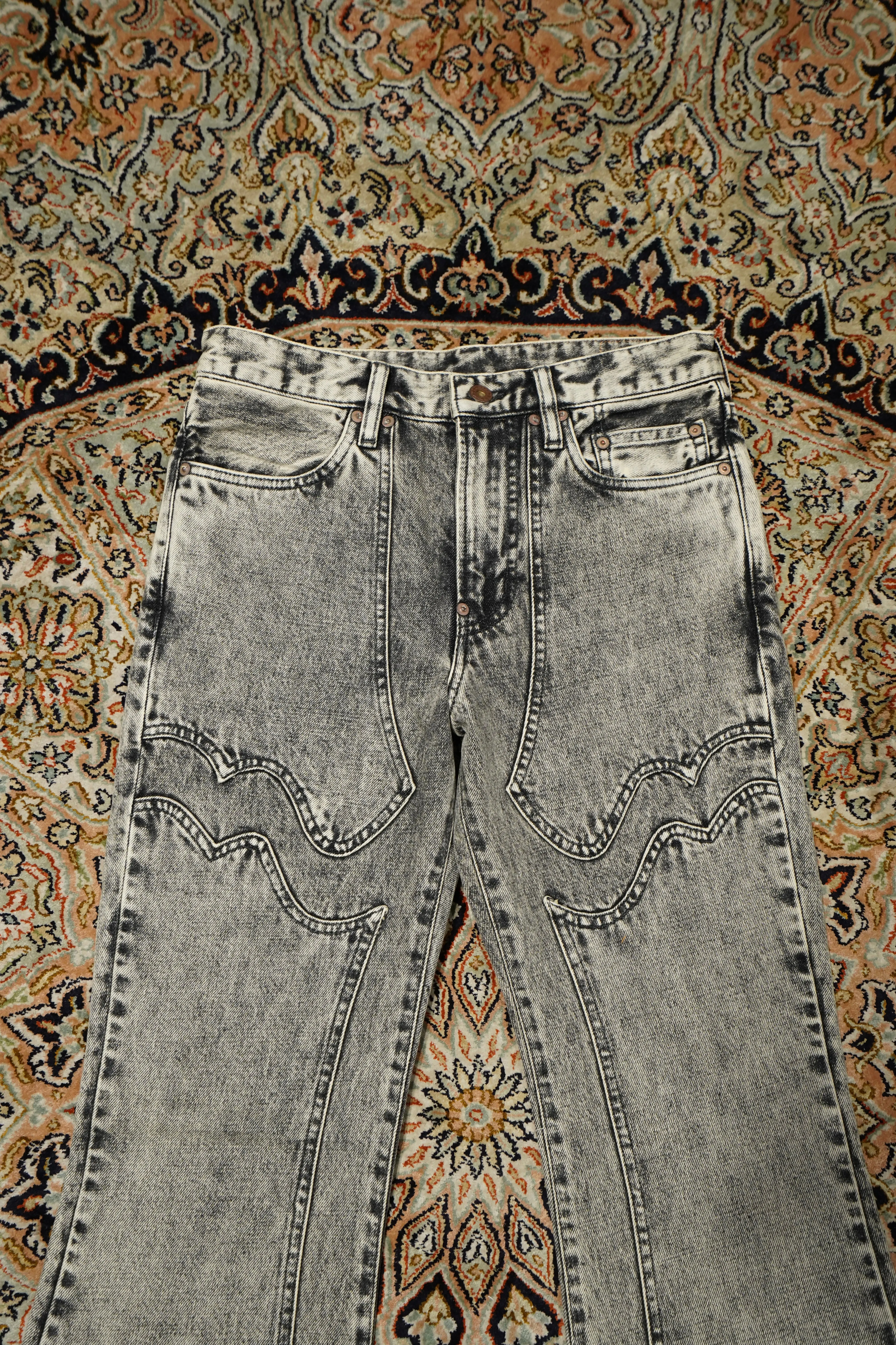 SUGARHILL ACID WASHED MODERN WESTERN FLARED TROUSERS (ACID BLACK)