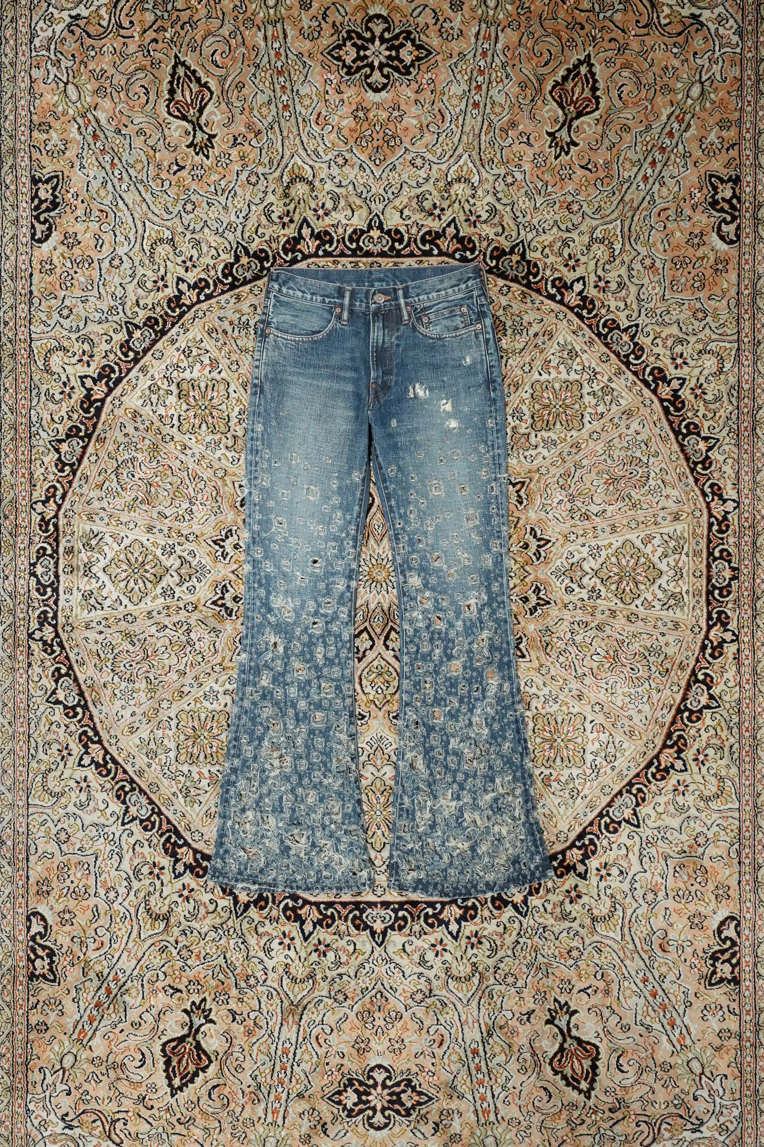 SUGARHILL CRASHED MODERN DENIM FLARED TROUSERS (FADED INDIGO)