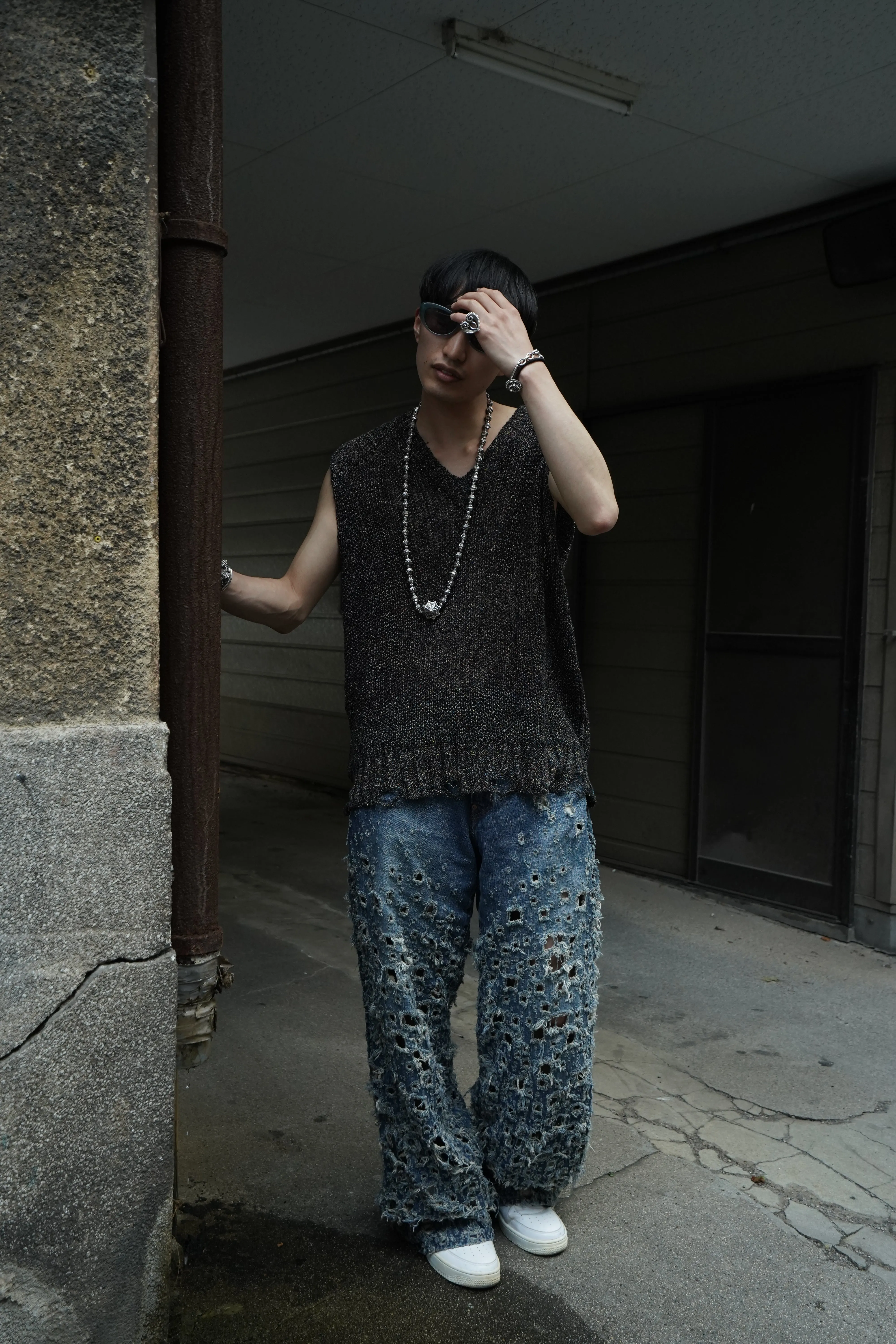SUGARHILL CRASHED MODERN DENIM WIDE TROUSERS (FADED INDIGO)