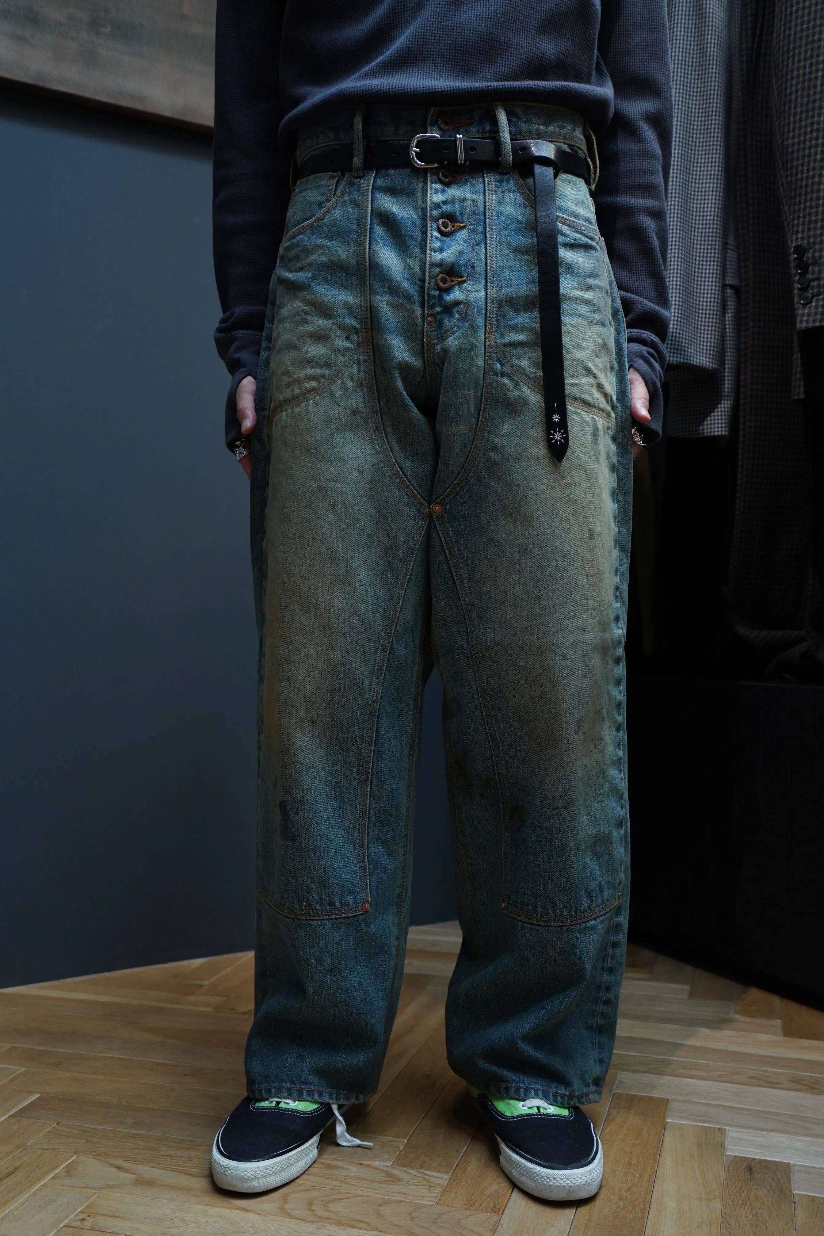 SUGARHILL OILED FADE DOUBLE KNEE DENIM PANTS