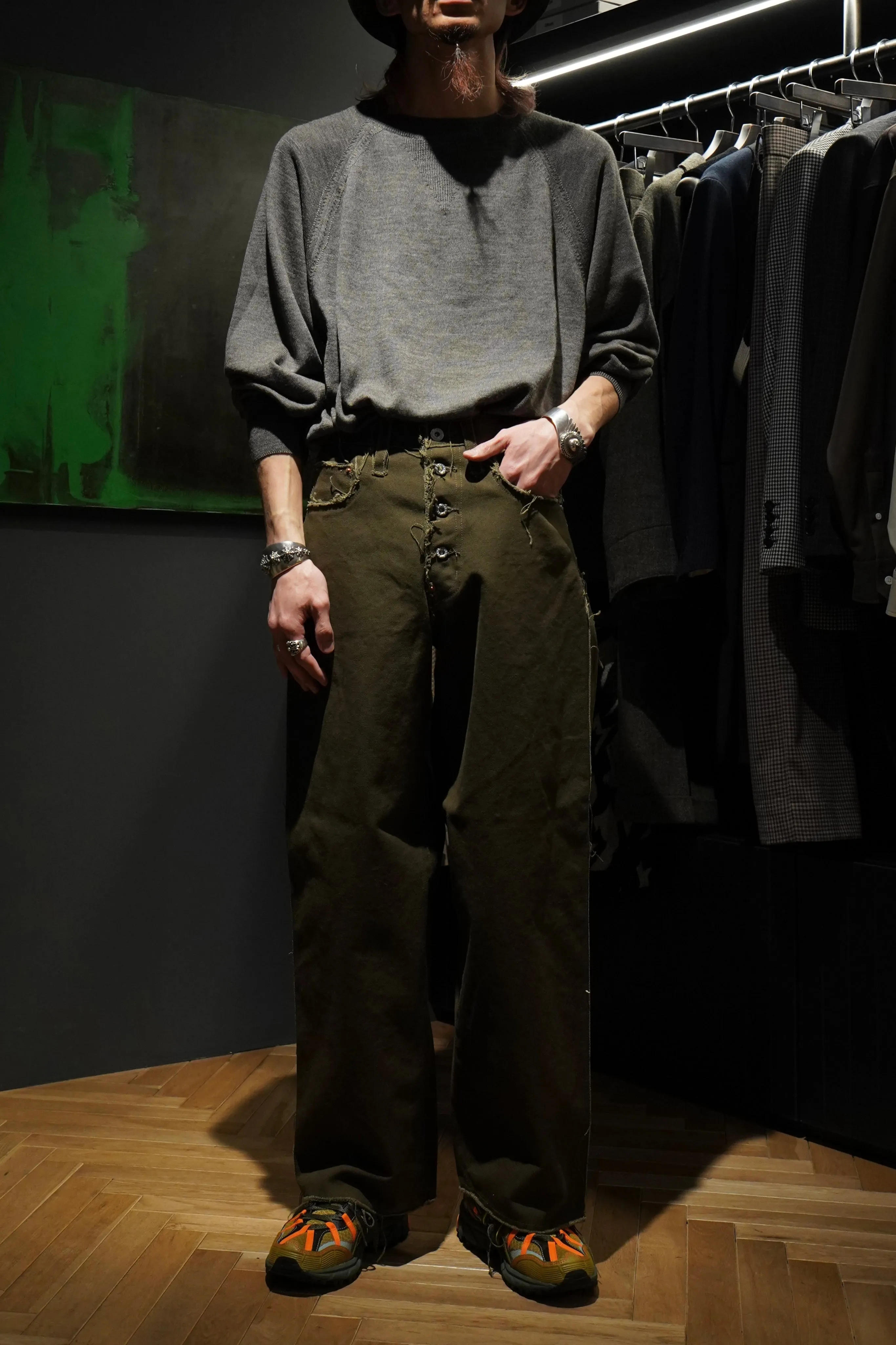 SUGARHILL RAW-EDGE CANVAS DENIM PANTS (DARK KHAKI)