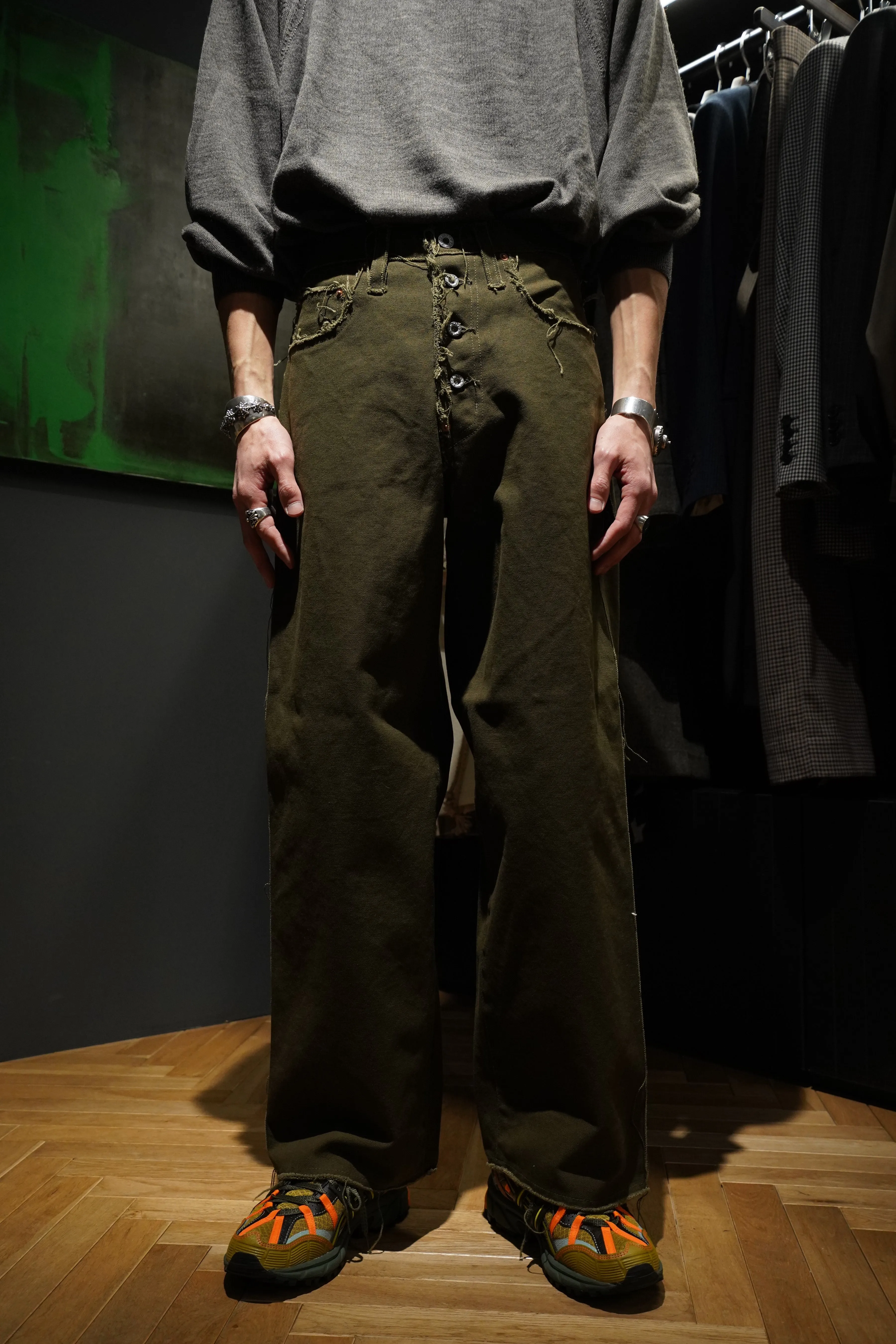 SUGARHILL RAW-EDGE CANVAS DENIM PANTS (DARK KHAKI)