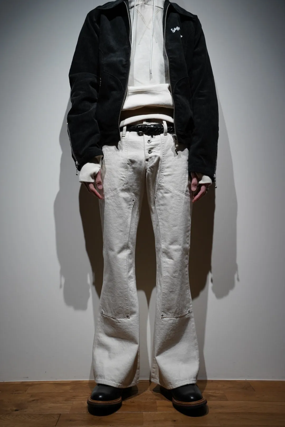 SUGARHILL WASHED DOUBLE KNEE BELL BOTOM PANTS (OFF WHITE)