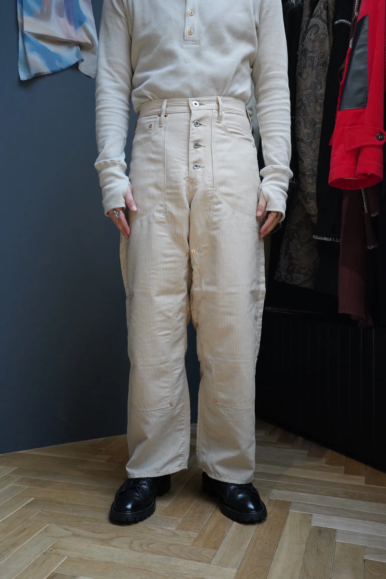 SUGARHILL WOOL LINEN HICKORY DOUBLE KNEE DENIM PANTS(HICKORY)