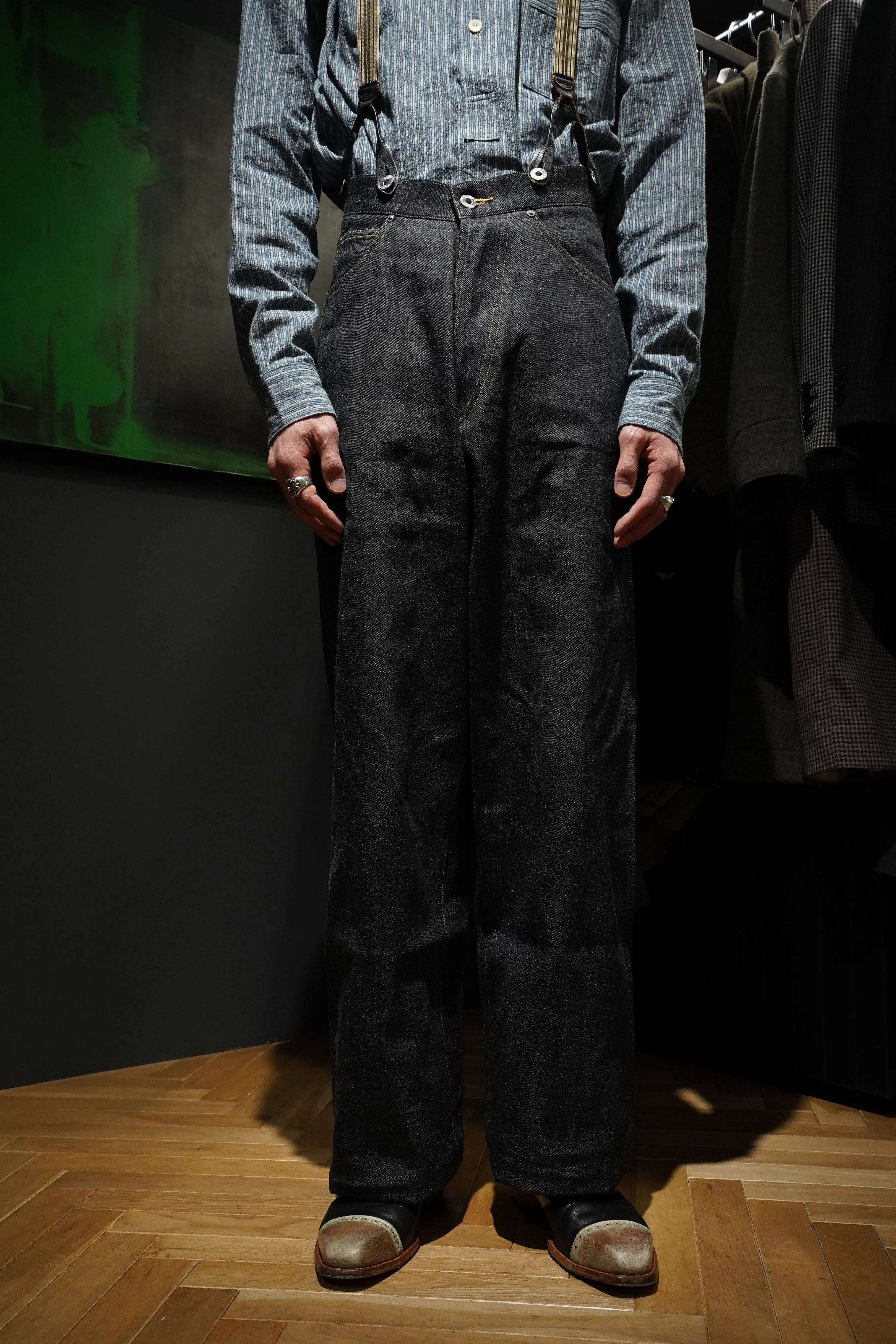 Taiga Takahashi BUCKLE-BACKED DENIM TROUSERS (RAW INDIGO)