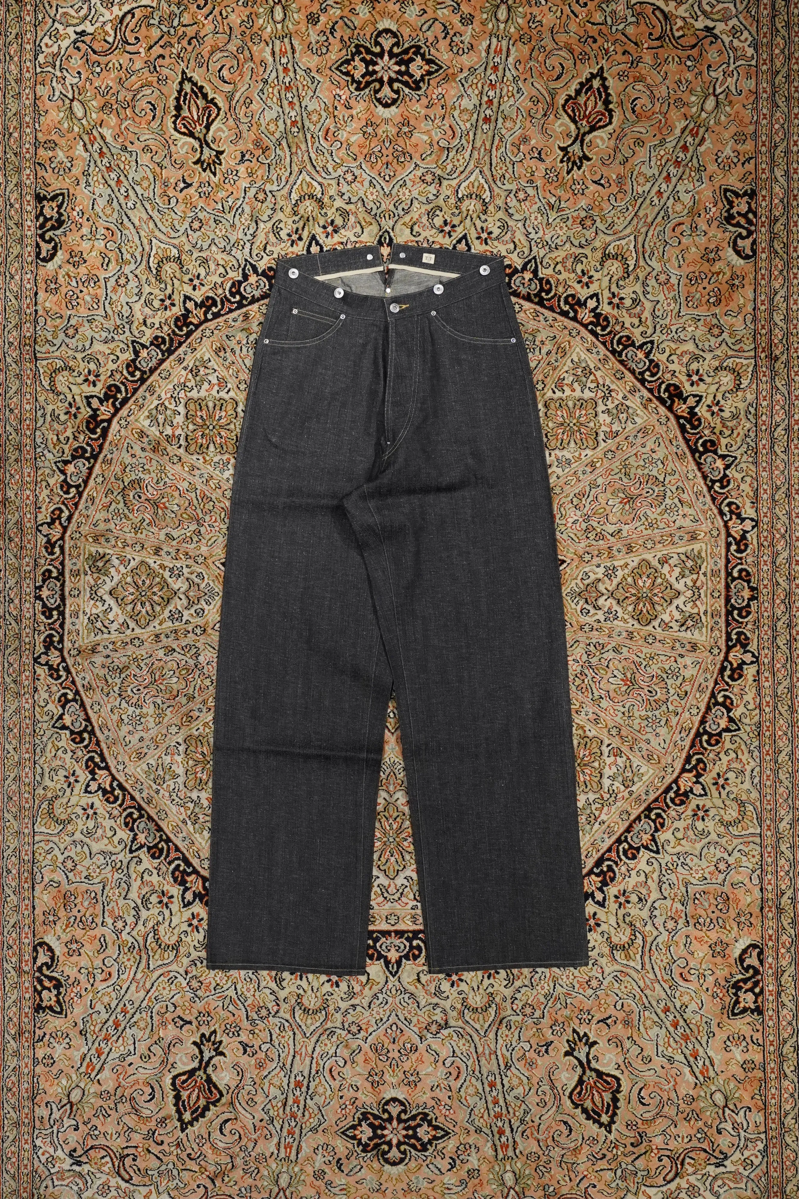 Taiga Takahashi BUCKLE-BACKED DENIM TROUSERS (RAW INDIGO)